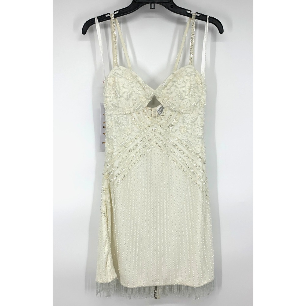 LARA Dress White Beaded Mini Fringe Wedding Honeymoon Bachelorette NWT Womens 4 - Picture 4 of 13